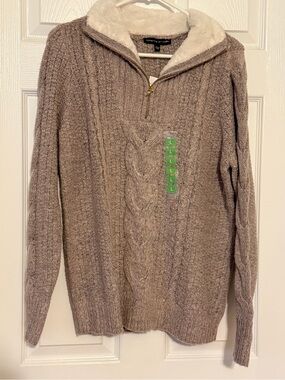Adrienne Vittadini Men’s Cable-Knit Half-Zip Sweater with Sherpa Collar - Taupe